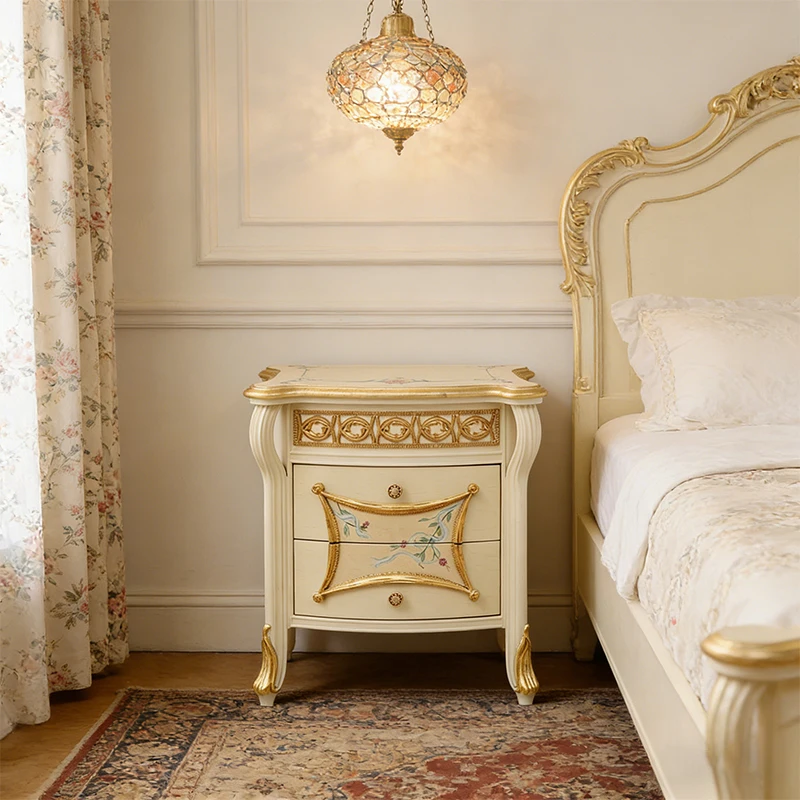 !@Romantic French Handcrafted Gilded & Painted Luxury Bedroom Night Stand Storage Solid Wood Retro Bedside Table for Villa