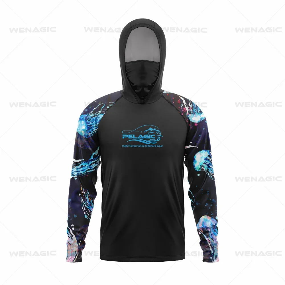 Pelagic Gear-Long Sleeve Hooded Face Cover, Fishing Shirts, UV Protection, Fishing Face Mask Clothes, New Tops, Upf 50