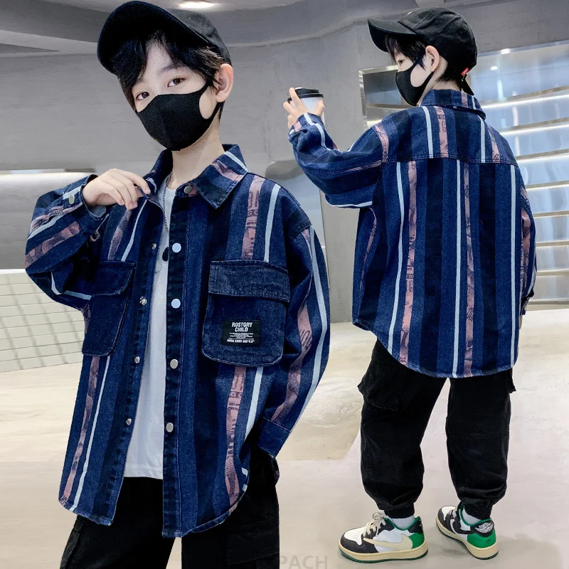 

Stylish Kids Boy Vertical Stripe Denim Shirt Jacket For Teens Child Autumn Jeans Coat Fashion Clothing 4 5 6 8 9 10 12 13 14 Y