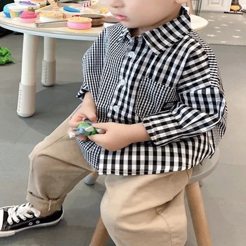 

Boys Clothes Long Sleeve Lapel Spring Fashion Casual Single-breasted Spliced Pocket Striped Printed Cotton Korean Version Shirt