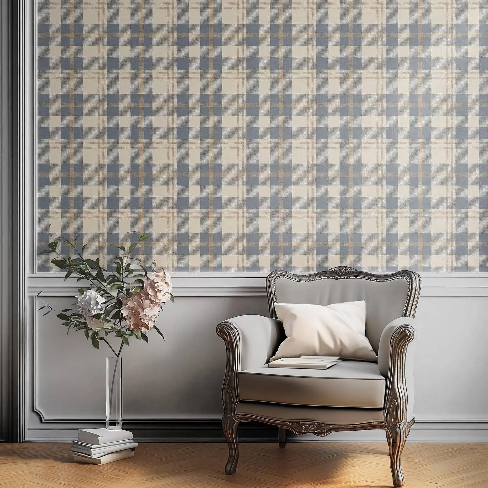 Neutral Blue and Beige Plaid Wallpaper,Rustic Check Mural For Cozy Scandinavian & Farmhouse Interiors,Self-adhesive Or Tradition