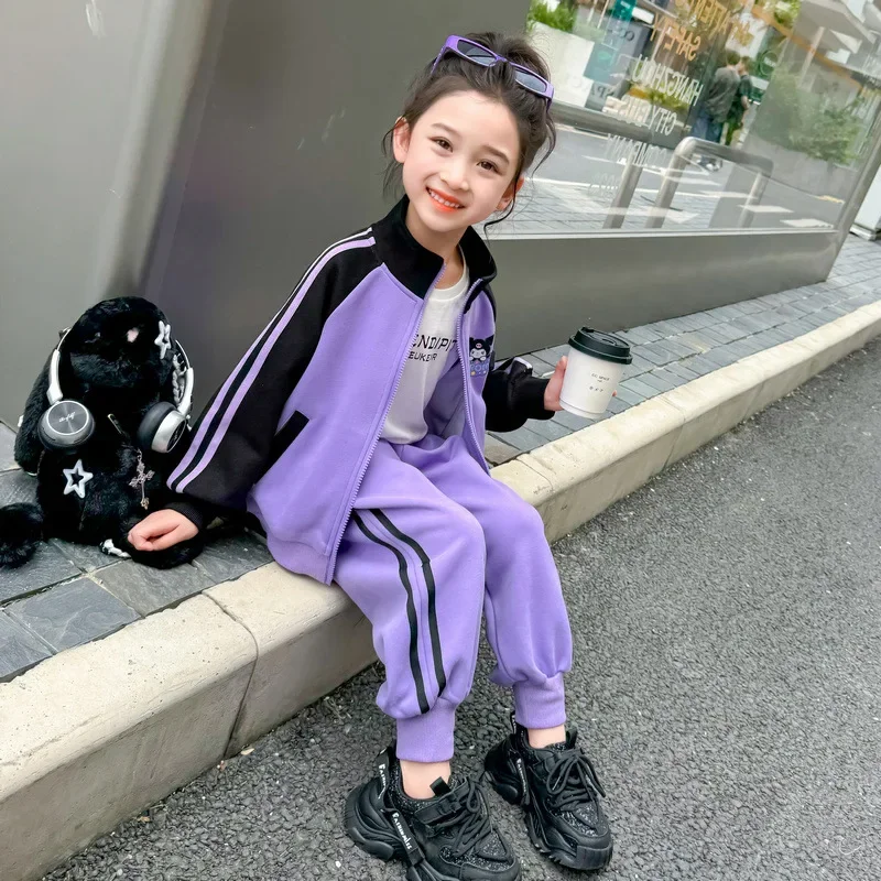 Anime Sanrio Cartoon Kuromi Print Clothing Sets for Children Girls Jacket + Long Pants 2piece Autumn Baby Kids Teen Holiday gift