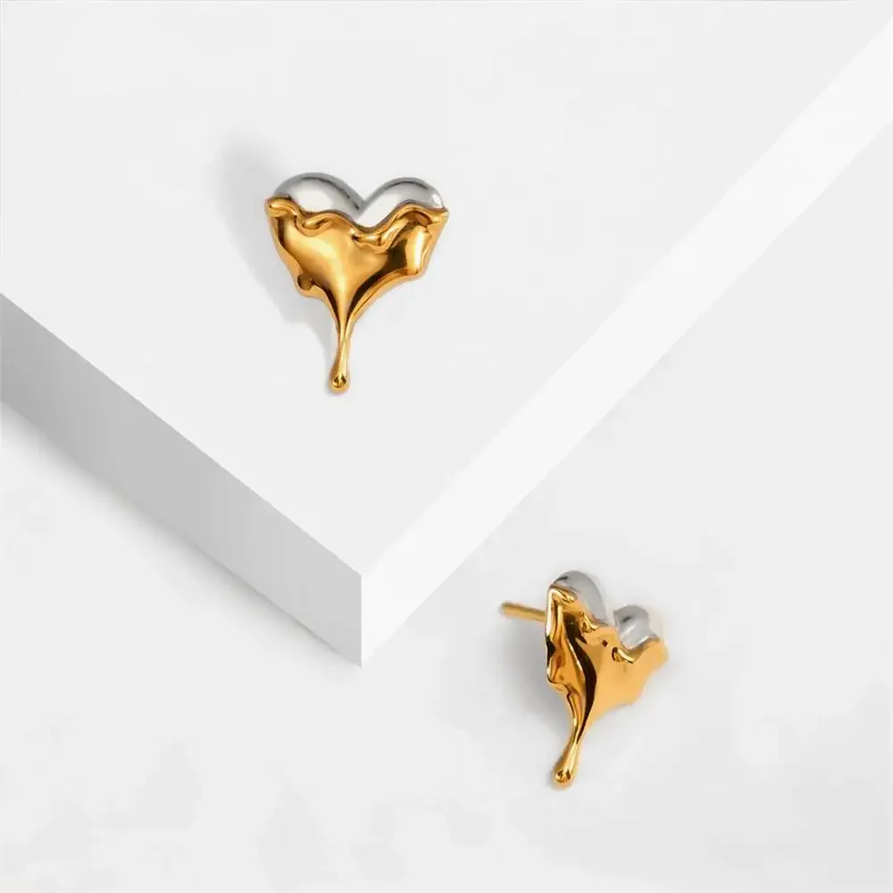 Polished Lava Textured Heart Dripping Droplet Mini Ear Studs Quality Gold Plated Geometric Non Tarnish Earrings Chic Jewelry New - Detail 1
