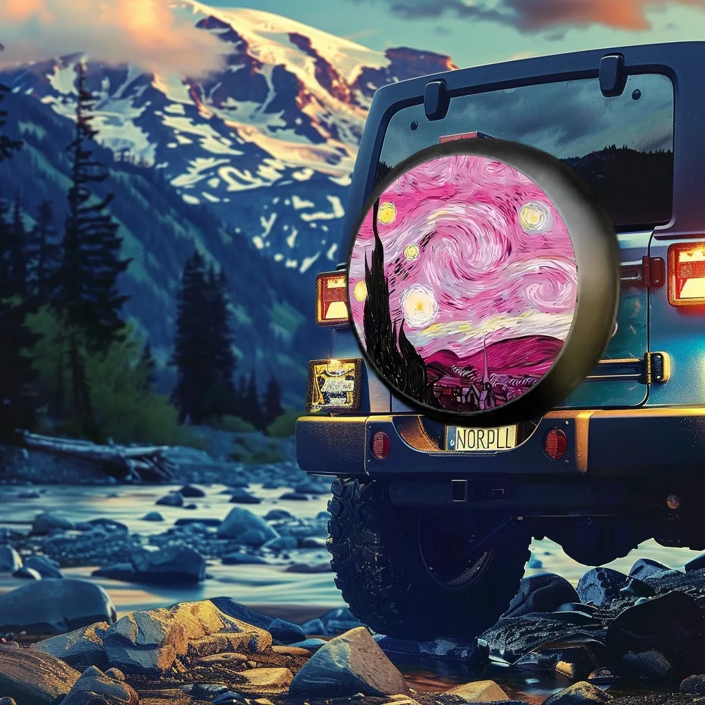 

Pink Starry Night Van Gogh Spare Tire Cover Durable Polyester Wheel Protector for SUV Truck RV