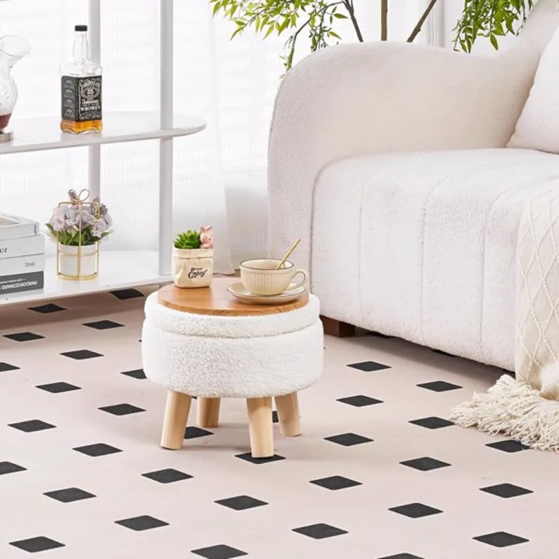 

Storage Ottoman Modern Round Footrest Soft Padded Seat Teddy Velvet Wood Legs Accent Small Table Plant Stand Living Room