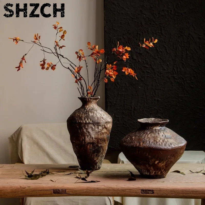 Ceramic Vases Stoneware Vase Flower Arrangement Retro Nostalgia Handmade Homestay Hotel Wabi-sabi Style Zen Ornaments Вазы