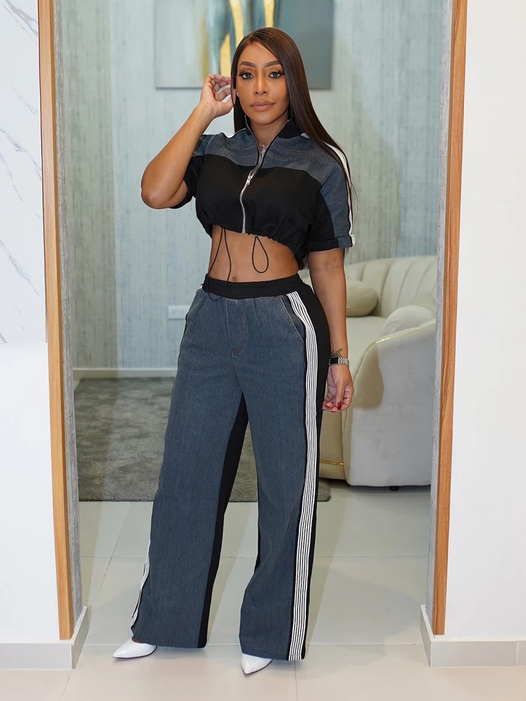 Lovely 2 Pieces Women Sets Striped Crop Top Denim Patchwork Wide Leg Pants Suits 2025 Two Piece Set Loungewear Tracksuit Outfits