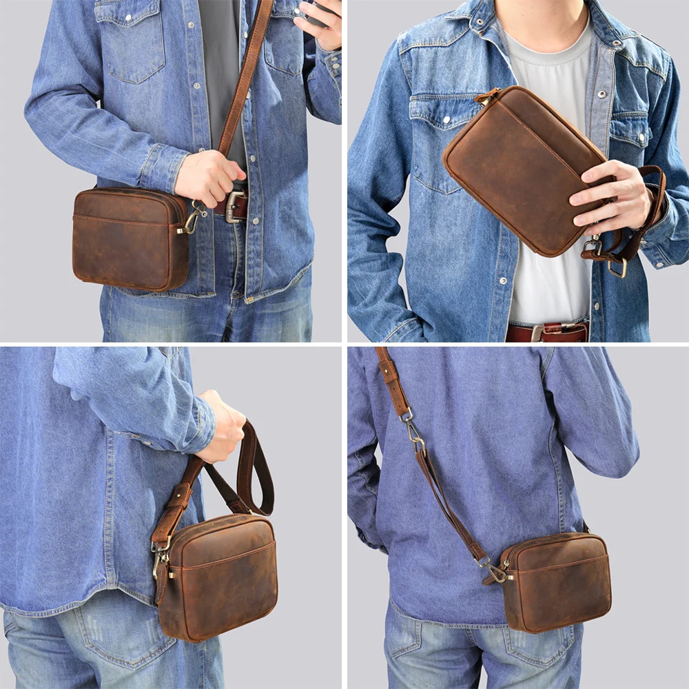 Bolso de hombro de cuero para hombre, bandolera de piel Crazy Horse, bolso de mano lateral con tirantes, 러러치백성 성