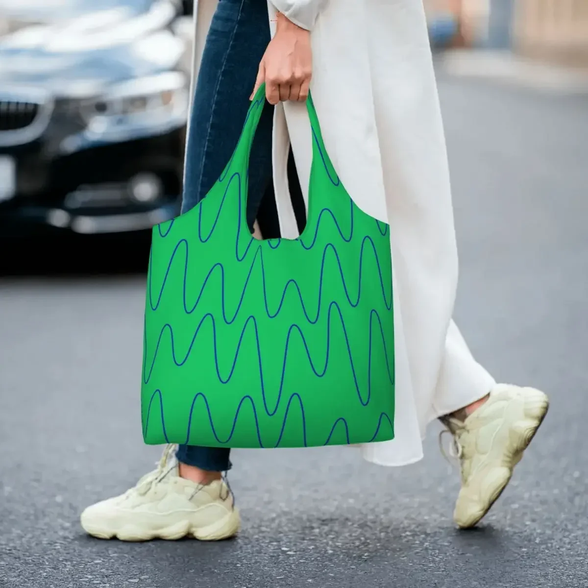 

Custom Sound Waves Electric Green Grocery Shopping Tote Bags Women Street Eldridge Canvas Shopper Shoulder Bag Capacity Handbags