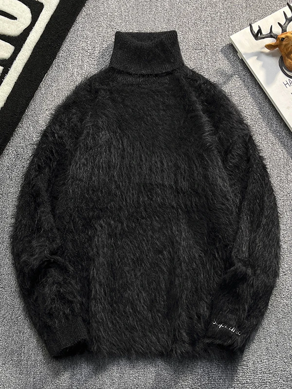 

Свободный мужской вязаный свитер с высоким воротником, осенний, модный, в стиле INS, американский, повседневный, однотонный, теплый, длинный рукав