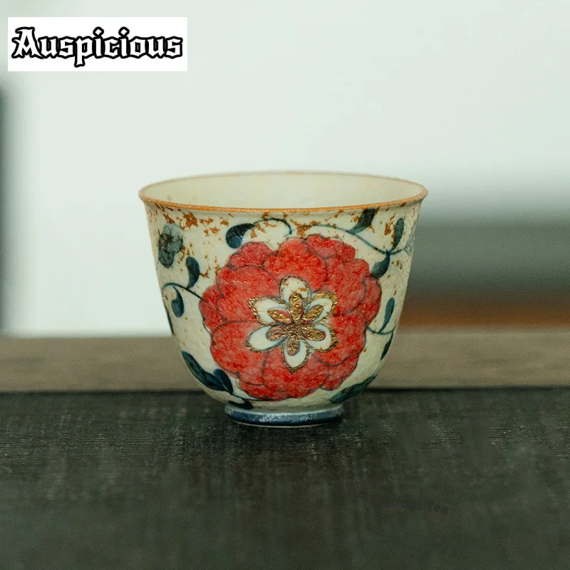 

35ml Hand Painted Peony Firestone Red Teacup Tea Bowl Mug Tea-tasting Meditation Cup Chazhan Small Master Cups Chinese Tea Set