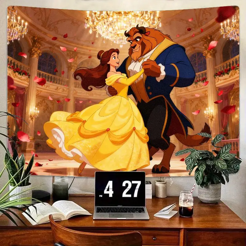 

1PC Disney Princess Belle & Beast Dancing Tapestry Romantic Golden Ballroom Wall Art Home Decor Kids Girls Bedroom Dorm Gift
