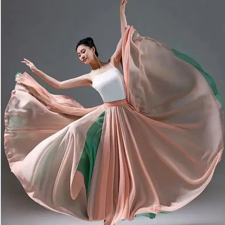 Women Classical Modern Dance Training Skirt Elegant Ethnic Double Chiffon Performance Swing Skirt Wrap Ethereal 720 Degree Skirt