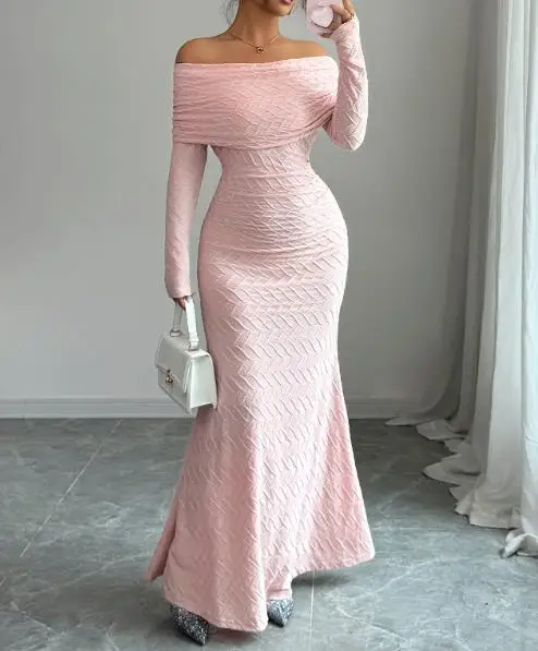 

French Womens Sexy Elegant Minimalist One Shoulder High Waist Fish Tail Dress 2025 Texture Inspired Flanged Tight Fit