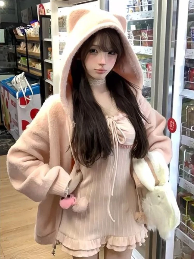 Conjunto de 2 piezas japonés para mujer, suéter con capucha de punto de manga larga a la moda + vestido, ropa Popular coreana Kawaii Vintage