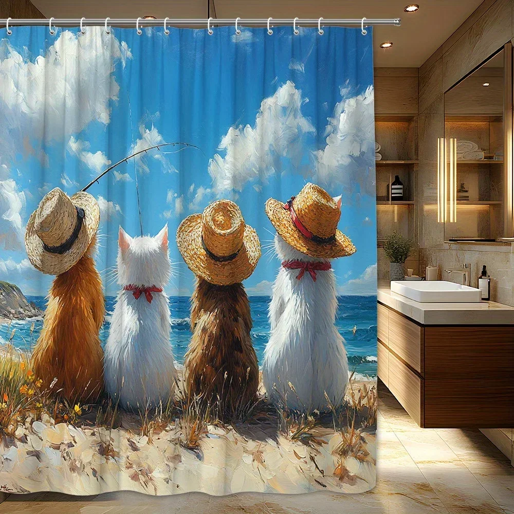 1pc Extra Large Bathroom Shower Curtain - Tropical Beach Cats with Straw Hats, Multi-Color Feline Decor White, Brown, Orange,VVV