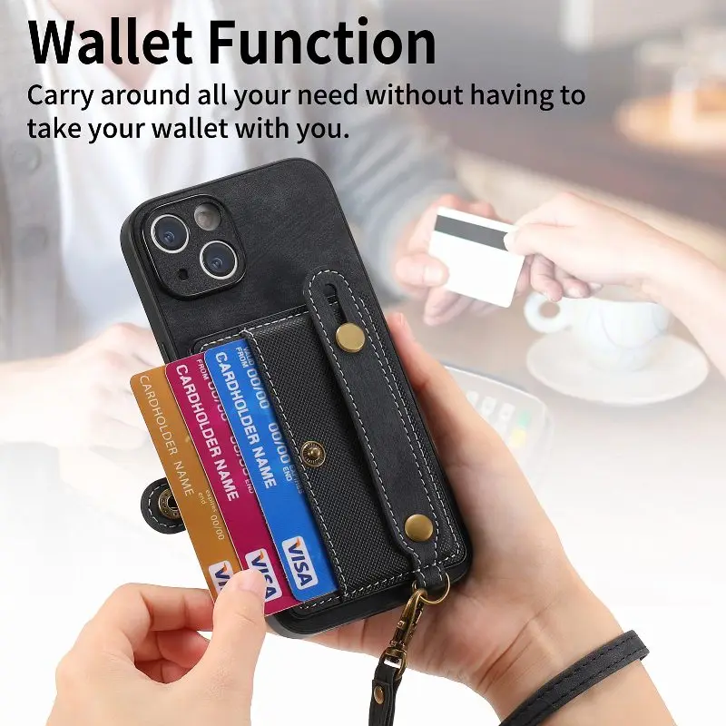 The Back Wrist Strap Leather Wallet Card Phone Case For iPhone 15 14 Plus 13 12 11 Pro XR X XS Max SE 8 7 6 Plus Phone Cover