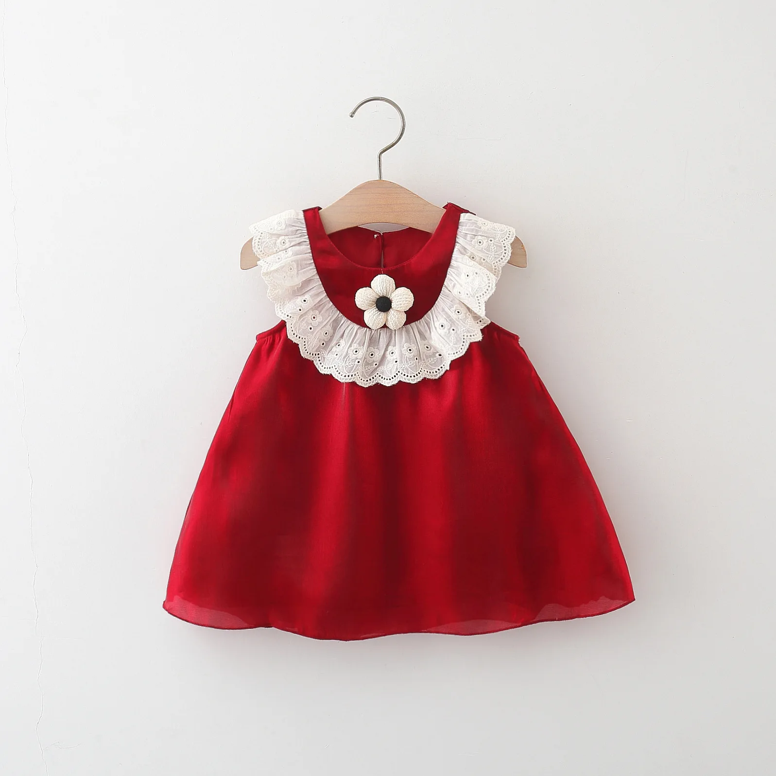 Sommer Neue Rote Hochzeit Party Baby Mädchen Kleid, Einfache Stil Nette Blume Kinder Neujahr Kleidung (9 Monate -3 Jahre alt)