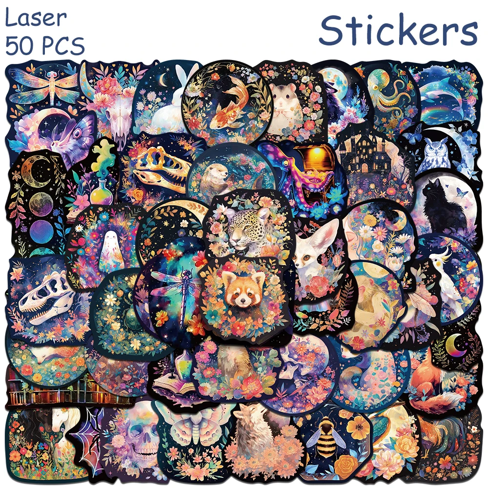 50pcs Laser Animals Skull Ghost Stickers Decals For Phone Laptop Scrapbook Suitcase Guitar DIY Aesthetic Waterproof Stickers