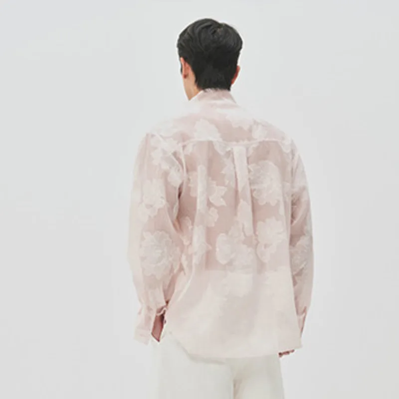 WVGA Summer New Men Floral Jacquard Semi-Transparent Stand Collar Long Sleeved Shirt Niche Chic Casual Loose Fit Tops Ins W25629