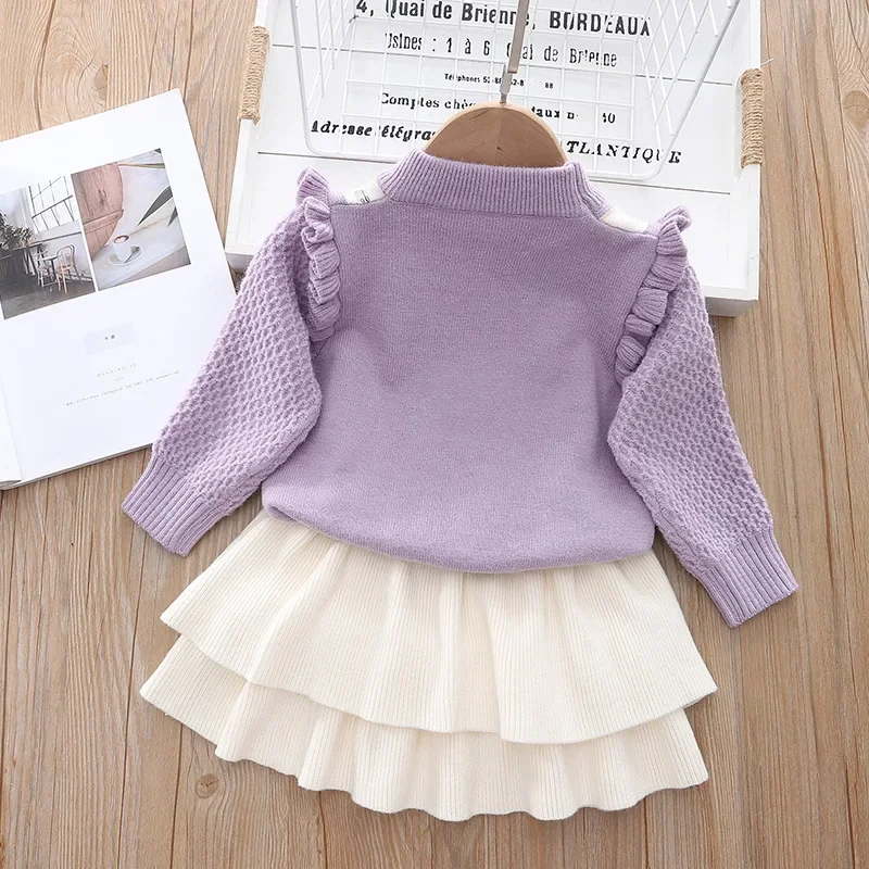 Baby Girl Clothes Girls Sweater 2-6Y Autumn Winter Knitting Sweater Suit Bow Sweater + Pleated Skirt Knitted 2-piece Set