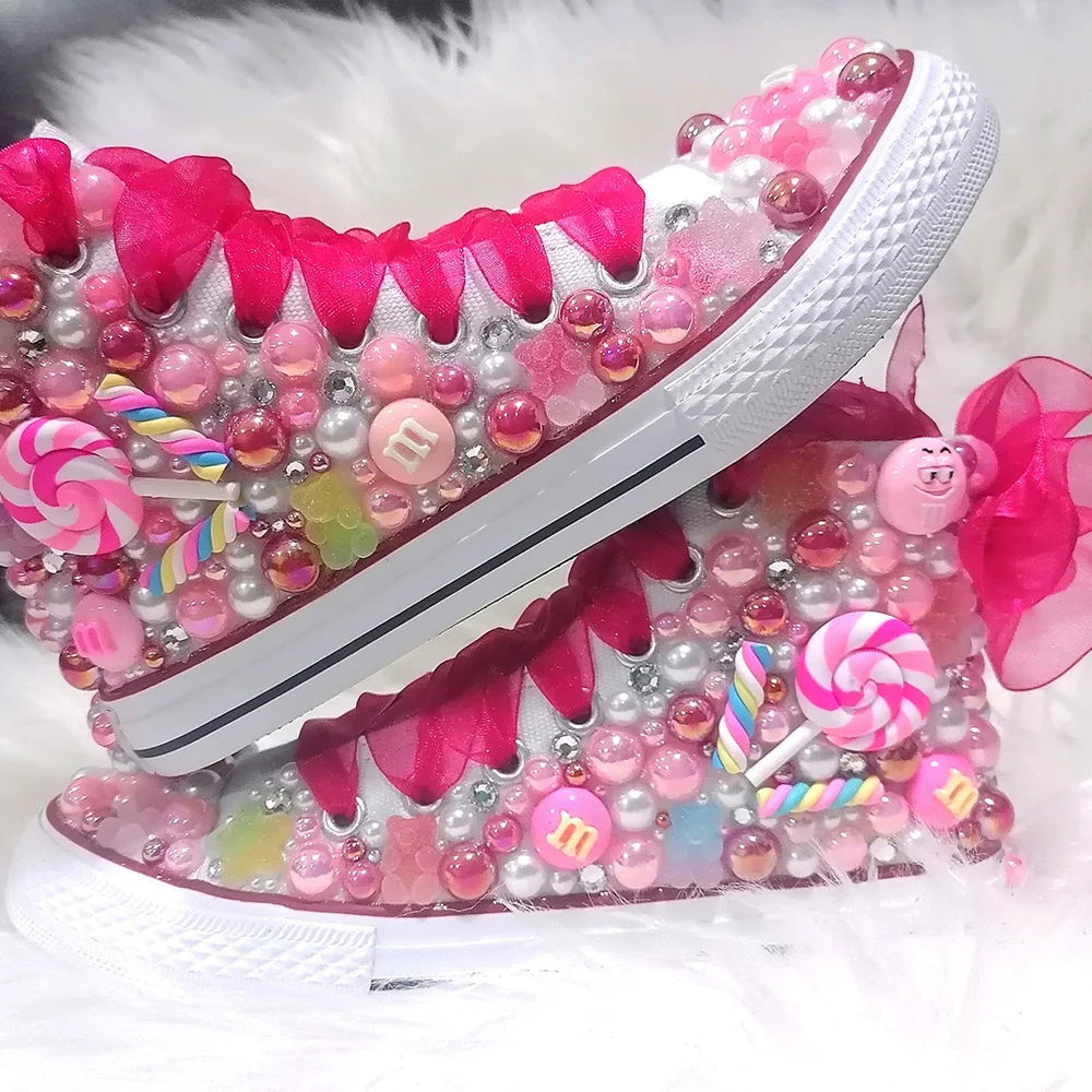 Handmade Rhinestone Bling Girls Womens Kids And Mother Candy Canvas Shoes Pearls Sneakers For Birthday Party Christmas gift