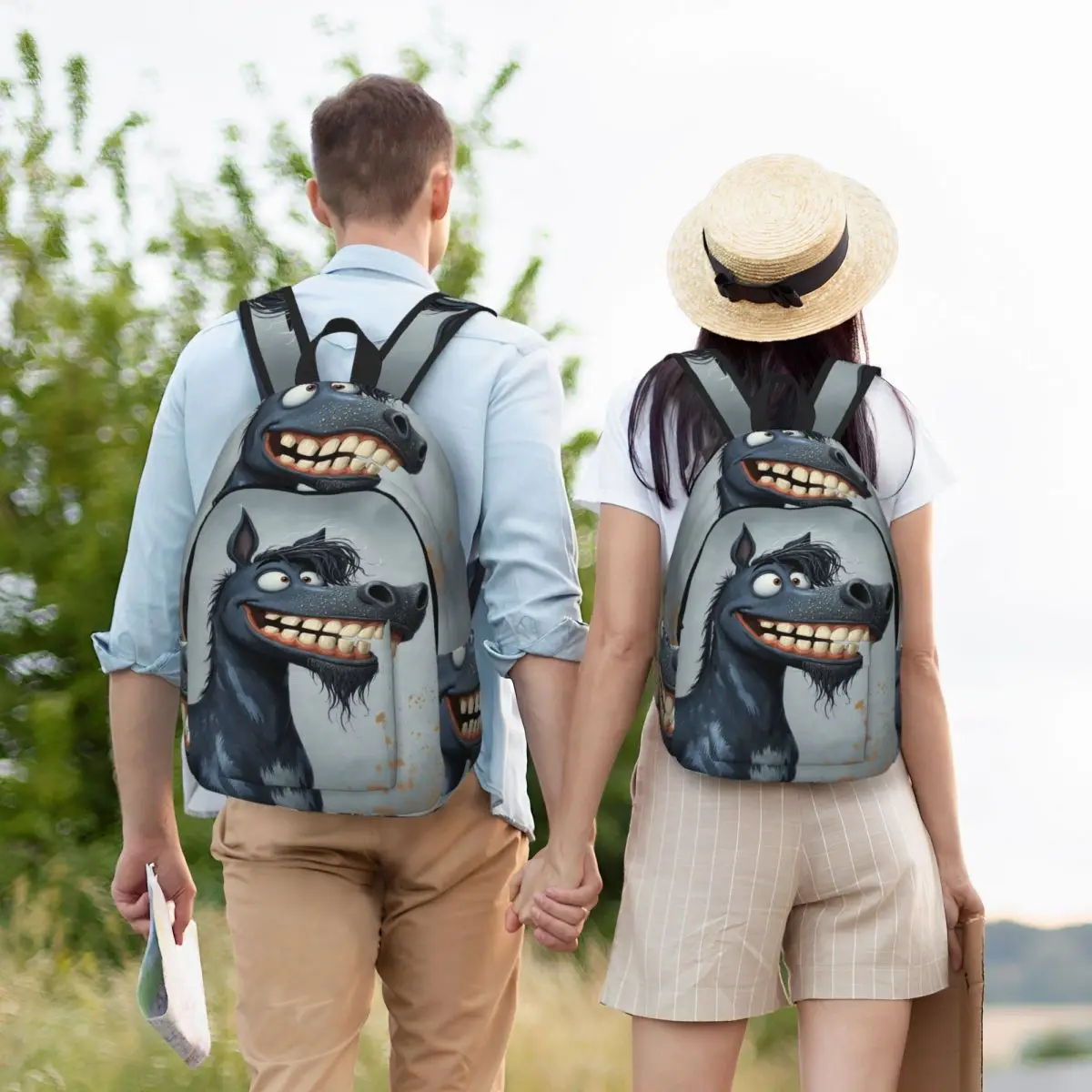 Smiling Animated Donkey Character Student Backpack School Bag Hiking Travel Daypack for Men Women Bookbag Shoulder Bags