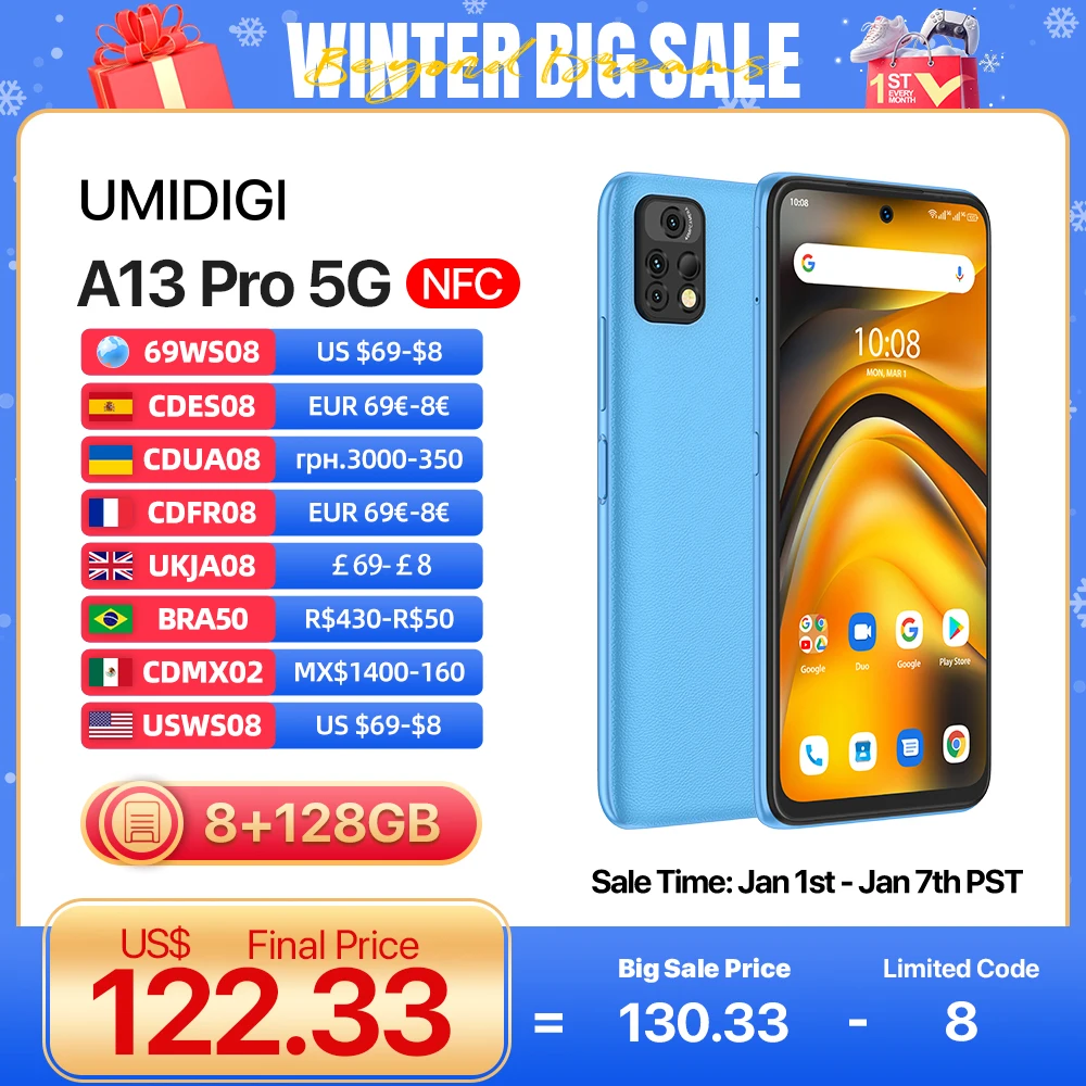 UMIDIGI A13 Pro 5G Phone Android Smartphone Dimensity 700 90Hz 6.5\'\' FHD+ Display 8GB 128GB 48MP Triple Camera 5150mAh Cellphone