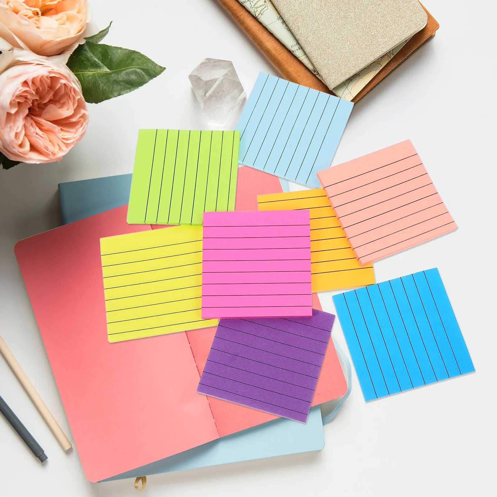 8 Pcs Fluorescent Lined Self Adhesive Memo Pads Practical Small Size Convenient Storage Smooth Writing