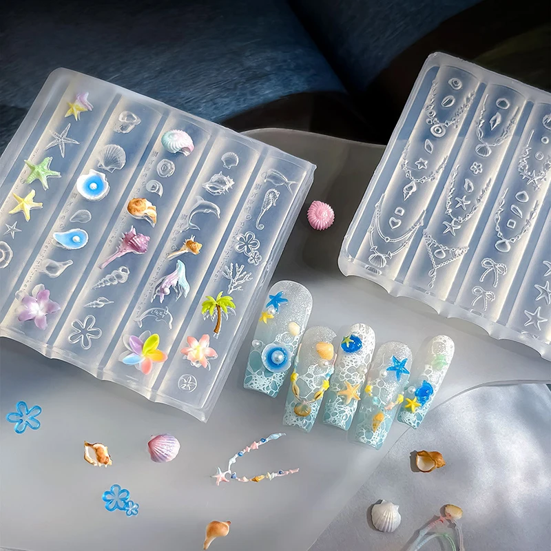 1/2/4PCS Ocean Series 3D Siliconen Nail Mold Sea Shell Conch Zeester Kwallen Zachte Charme manicure Stencil Stamper Tool