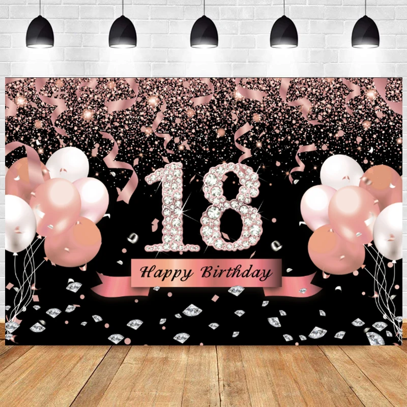 

Rose Gold 18th Photo Backdrop Girls Eighteen Happy Birthday Party 18 Boys Photography Background Photo Banner Balloon Prop