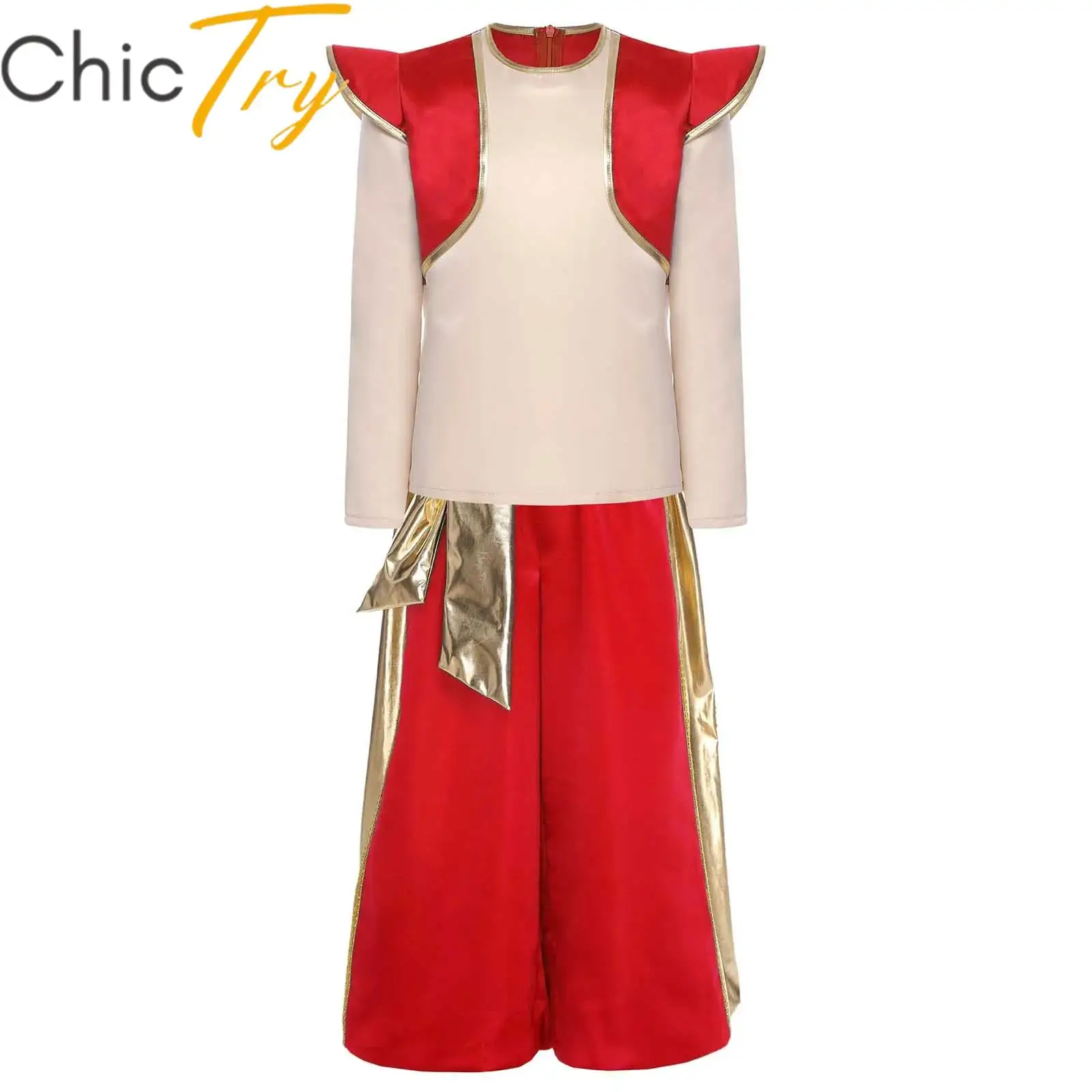

Kids Boys Arabian Prince Cosplay Costume Halloween Lamp Elf Themed Party Outfit Long Sleeve Shirt Top and Metallic Harem Pants