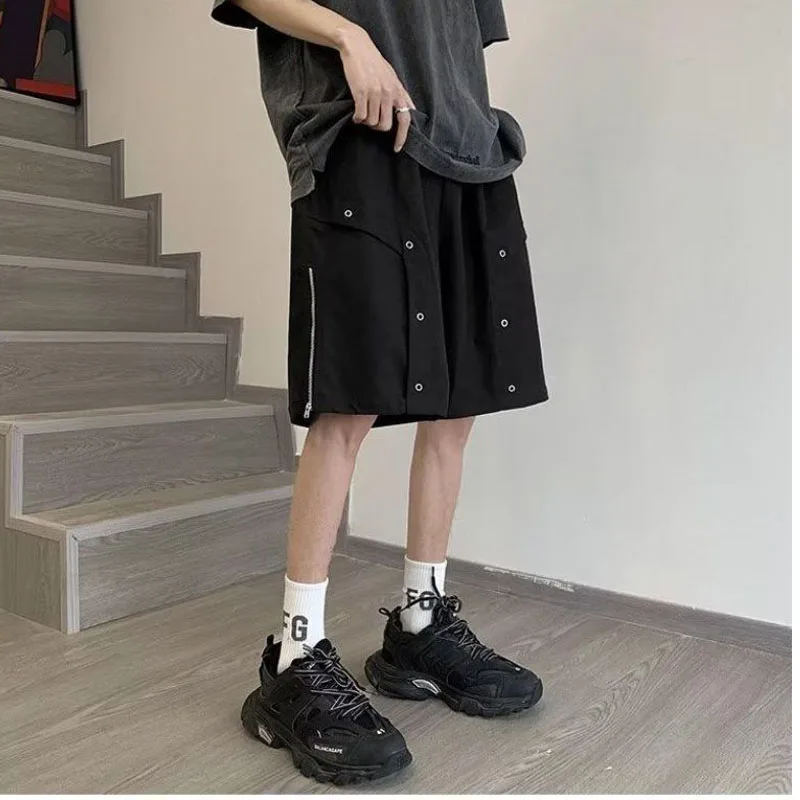2024 Summer New Men's Solid Color Pockets Zipper Elastic Drawstring Fashion High Street Leisure Loose Sports Knee Pants