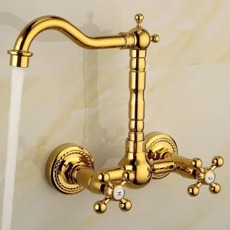 Golden Bathroom Basin Faucet Brass Sink Tap 360° Rotation Waterfall Spout Wall Mounted Mixer