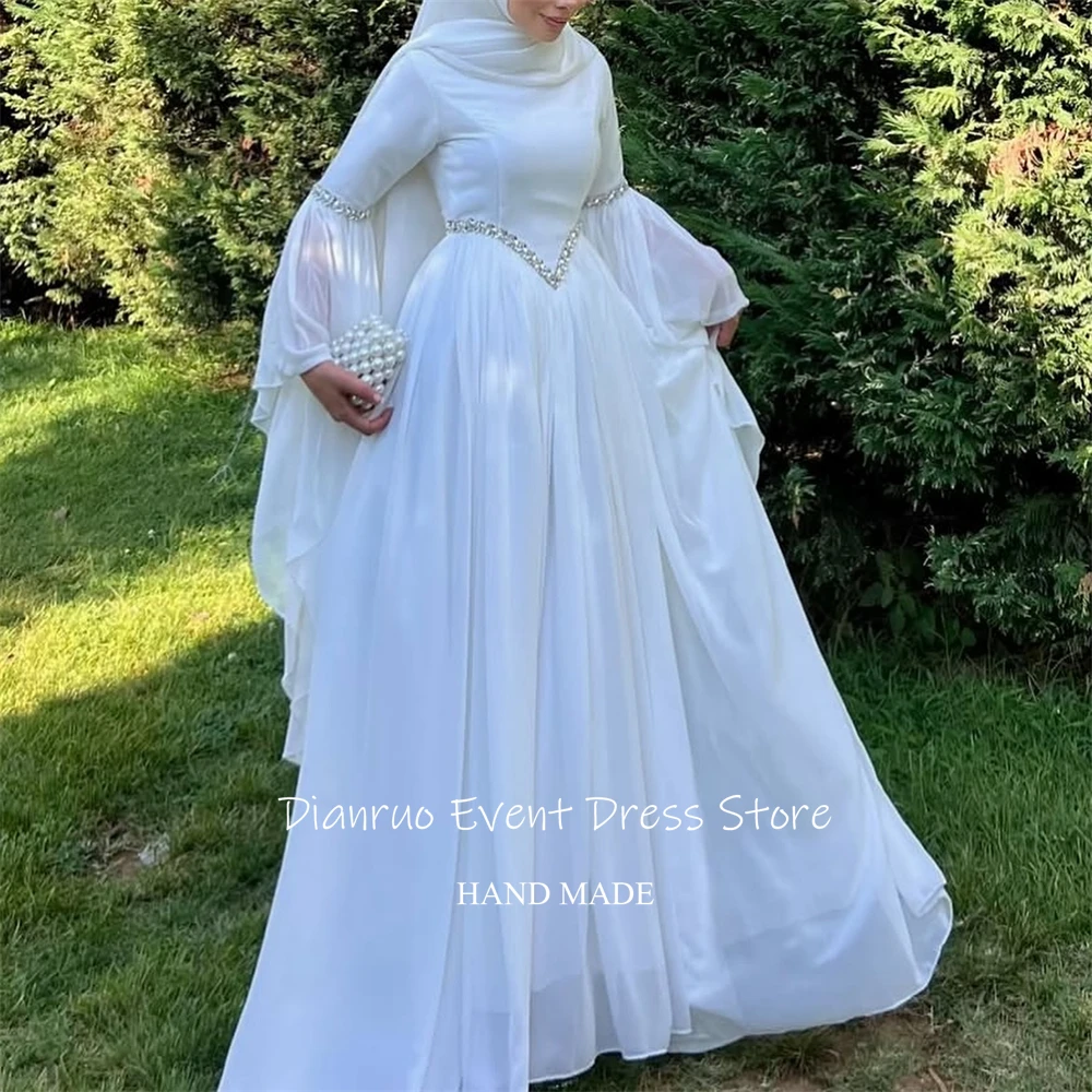 Dianruo فساتين سهرة متواضعة بيضاء كريستالية بأكمام طويلة على شكل حرف A رداء حفلات شيفون متطور فيستدوس فورماليس مخصص