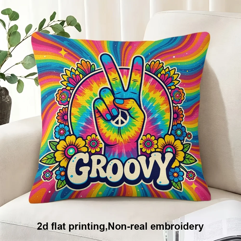 Retro 70s Groovy Pillow Case, Rainbow Tie Dye Peace Sign Cushion Cover, Hippie Flower Power Decor for Sofa Bedroom Living Room