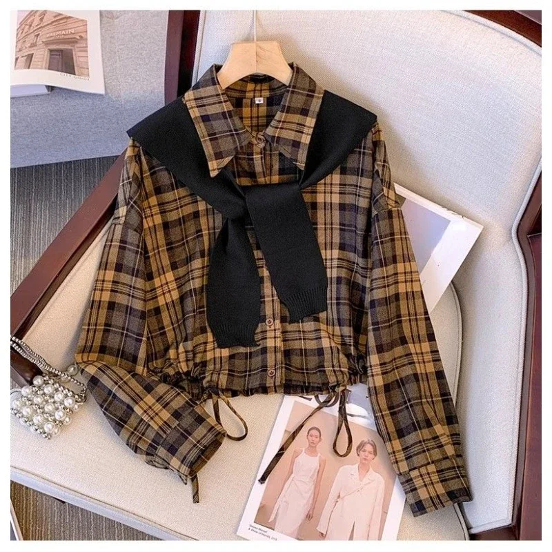 DAYIFUN Lady Plaid with Cape Shirt Autumn Long Sleeve Short Lapel Collar Clothes Yellow and Blue Checkered Pattern Frosted Tops