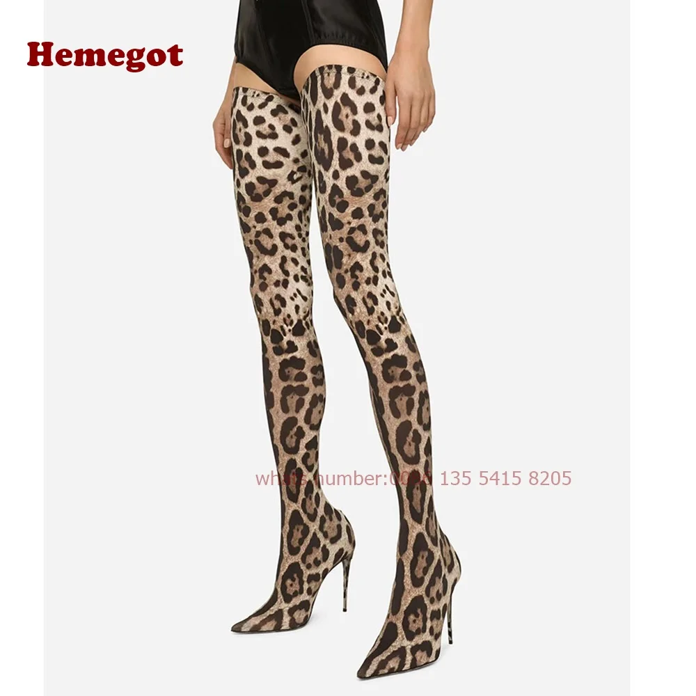 Elastyczne buty w panterkę Pointy Toe Thigh High Sock Buty damskie Stiletto Heels Casual Runway Party Shoes Casual 2024 Winter Sexy