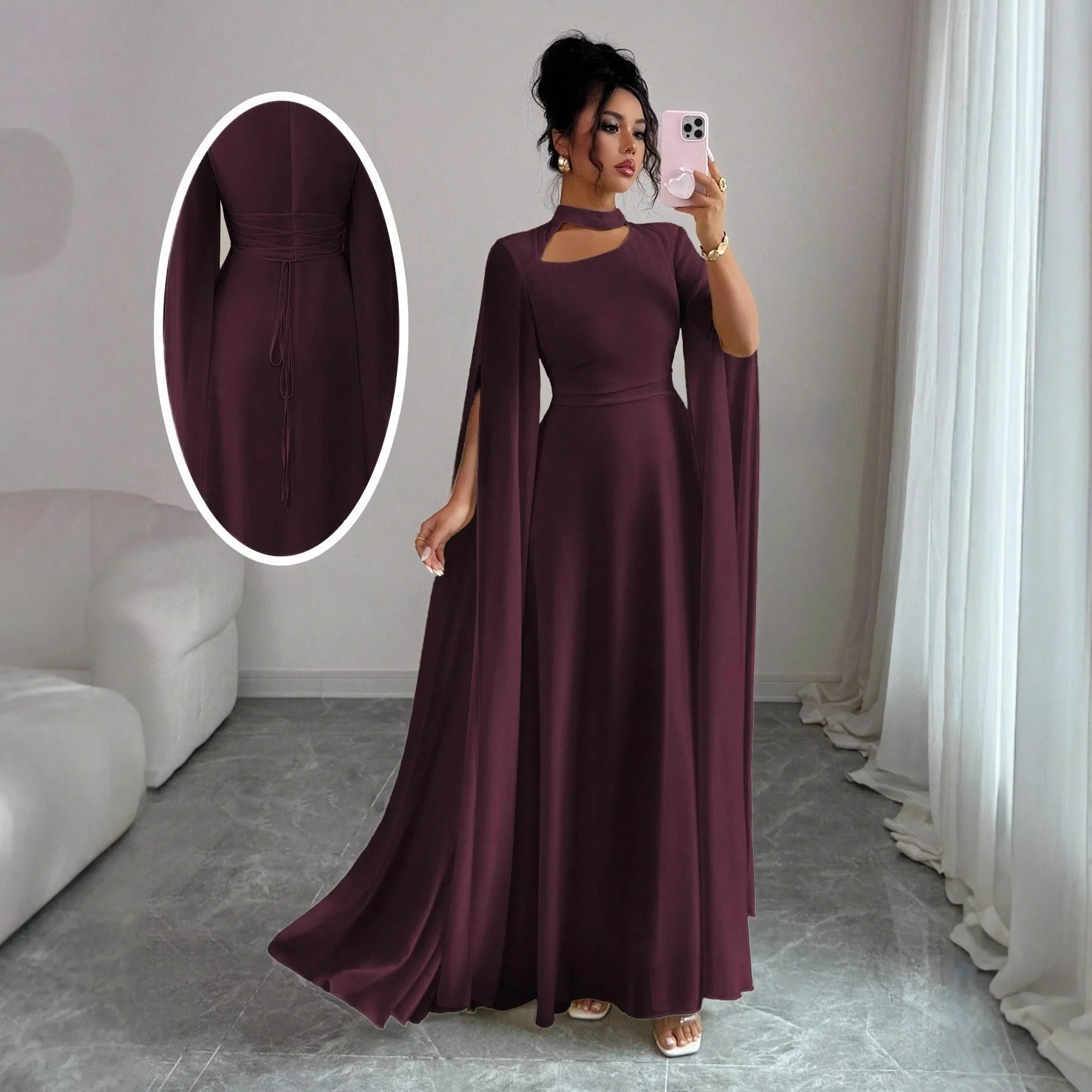 Tie Fringe Cape a Line Princess Style with Fitted Waist Zipper Closure Round Neck Slim Fit Pullover Party Dress Summer for Women
