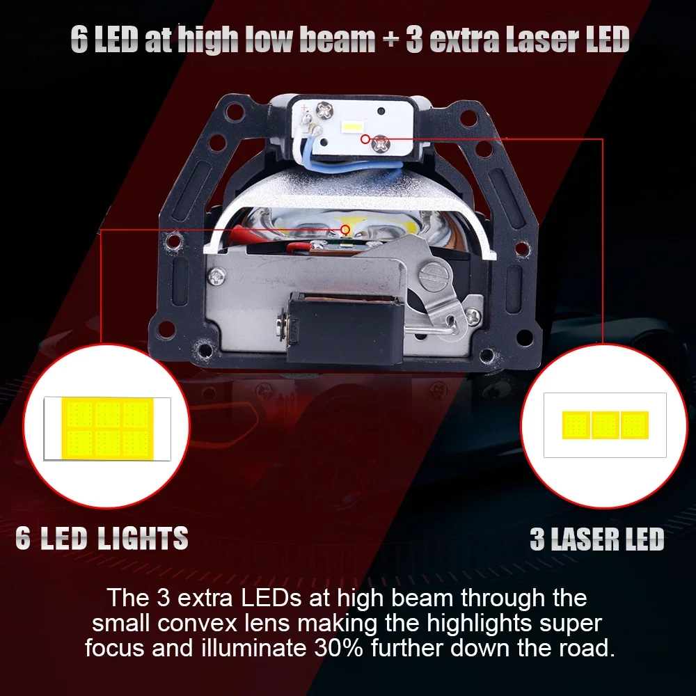 2PCS Laser 3.0 Inch Bi LED Hyperboloid Projector Lens Hella 3R G5 Headlight Bulb 6000K High Low Beam 120W Angel Car Accessories