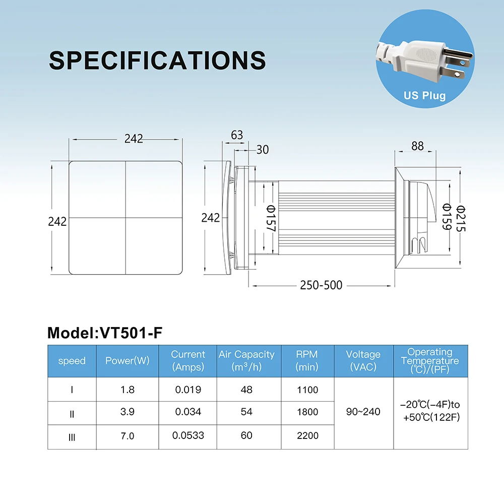 KCvents VT501F-WF Wall Ventilator Fan HEPA/Carbon Filter 3-Speed WiFi Bluetooth Mosquito Proof Quiet Sleep Mode Fresh Air System
