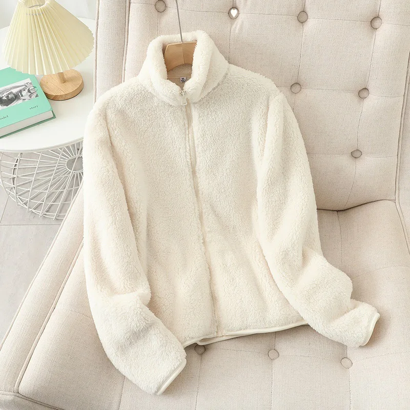 Autumn Winter Double Sided Long Fleece Jacket For Women Fleece Inner Lining Coral Fleece Warm Hoodies Jacket