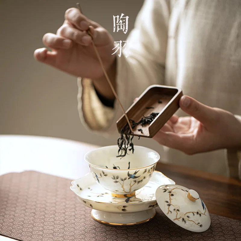 White Jade White Porcelain Ceramics Kung Fu Tea Teaware Gaiwan Suit Master Cup Household Light Luxury High-End Tea Cup