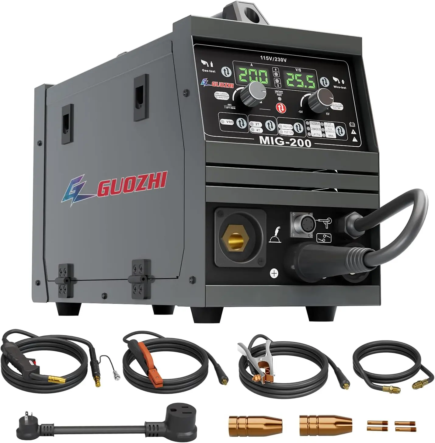 Saldatrice MIG 200A, sollevatore TIG/saldatura a punti/pistola a bobina Multi-processo con doppio Display digitale LCD (connettore usa)