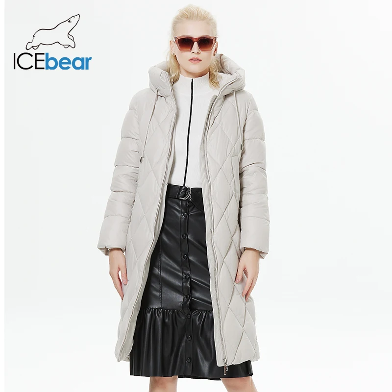 ICEbear-jaqueta acolchoada de diamante espessa para mulheres, estilo alongado, parka acolchoada, casaco de algodão quente, inverno, GWD22631D, 2023