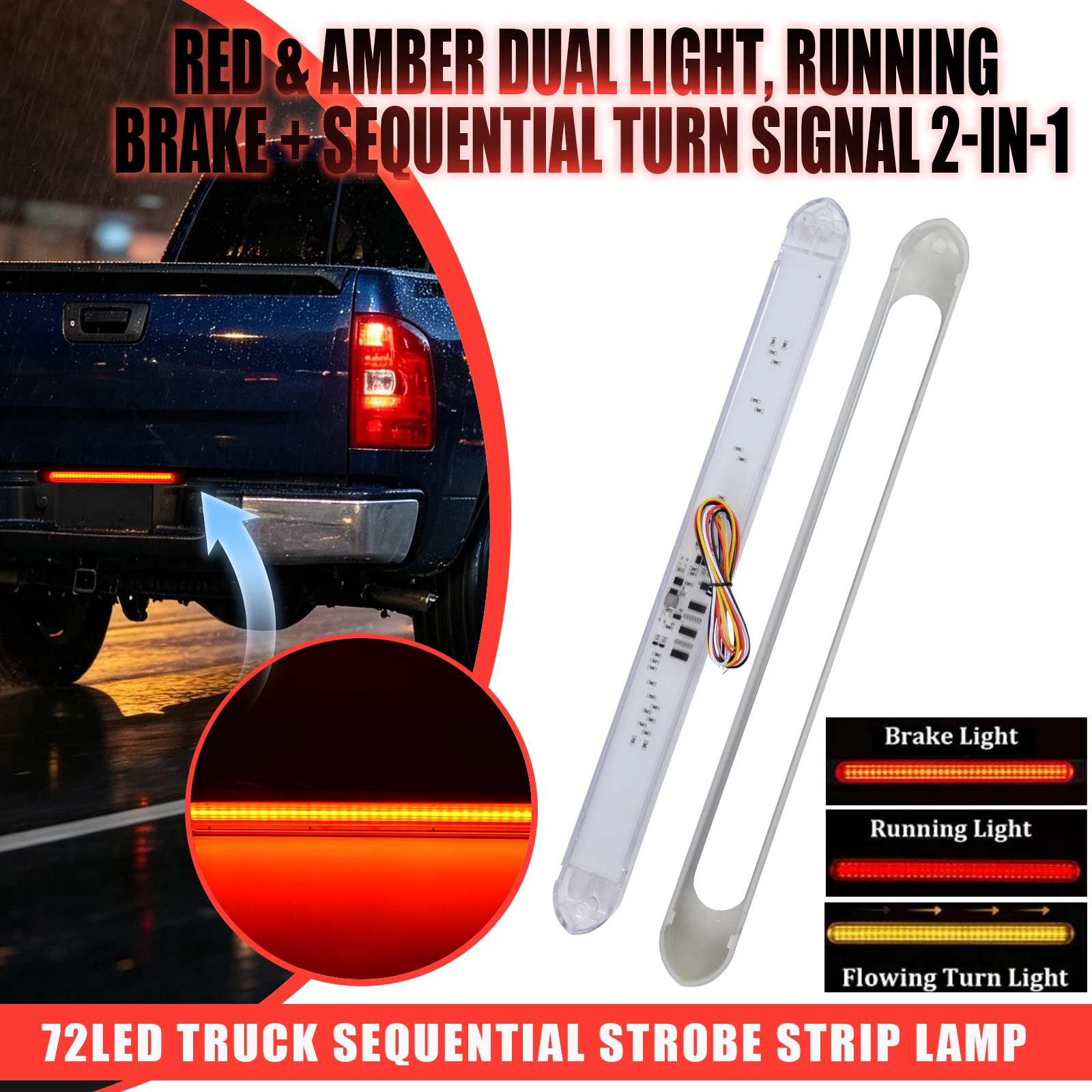 Motorcycle Tail Light Strip Yellow Flowing Turn Signal Red Strobe Brake Warning Light Bar Stop Lamp 12V LED