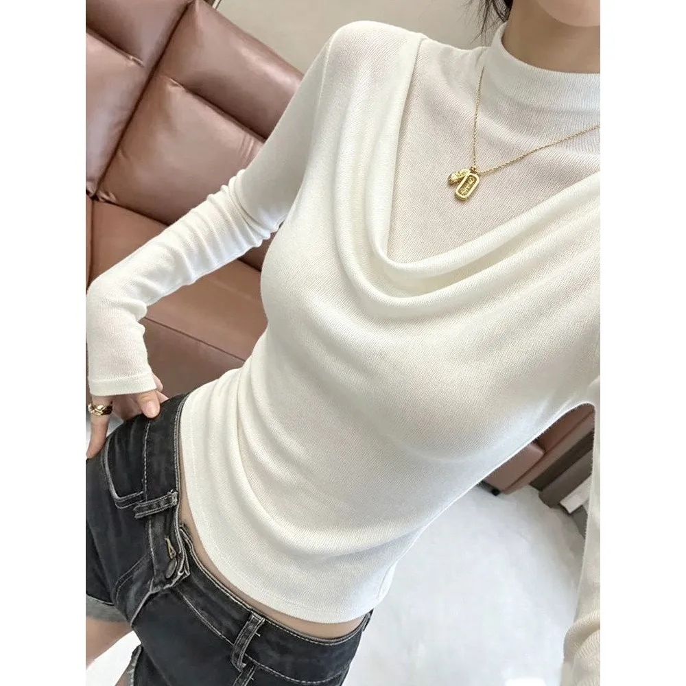 White Long Sleeve T-Shirt Women's Early Autumn 2026 New Minimalist Style Stand Collar Conceal Meat Slimming Base Top