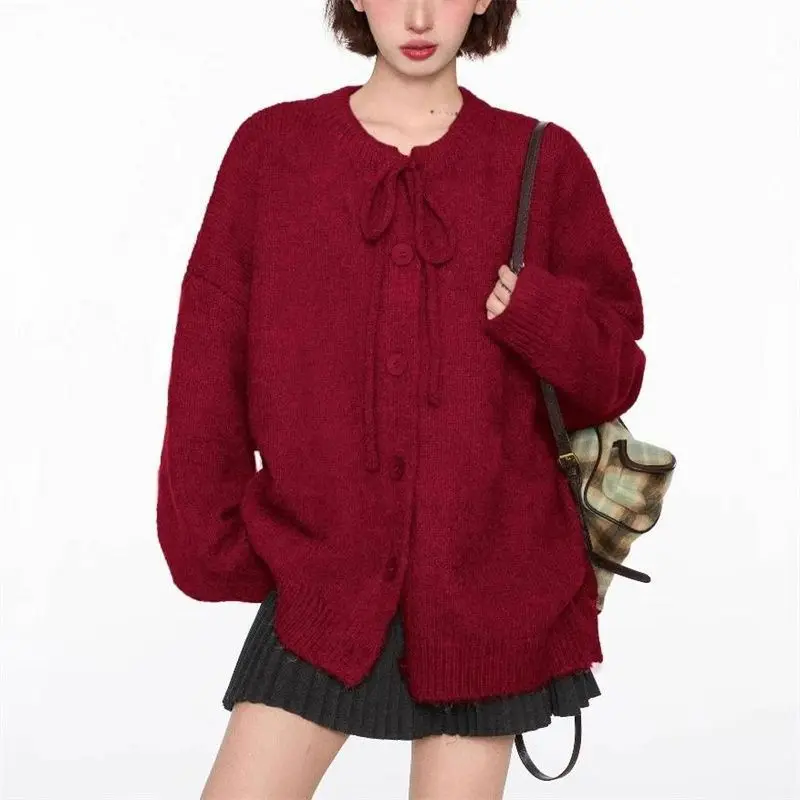 

New Year Red Soft Butterfly Knot Polyester Blend Knittedwear for Women Lush Fresh Sweet Style Lazy Loose Sweater