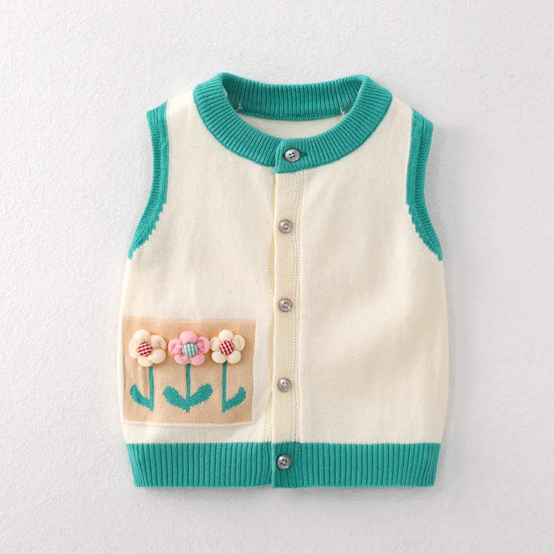 Infant Baby Knitted Vest Cotton Soft Sleeveless Sweaters Autumn Round Neck Flowers Knitting Waistcoat Toddler Girls Tops