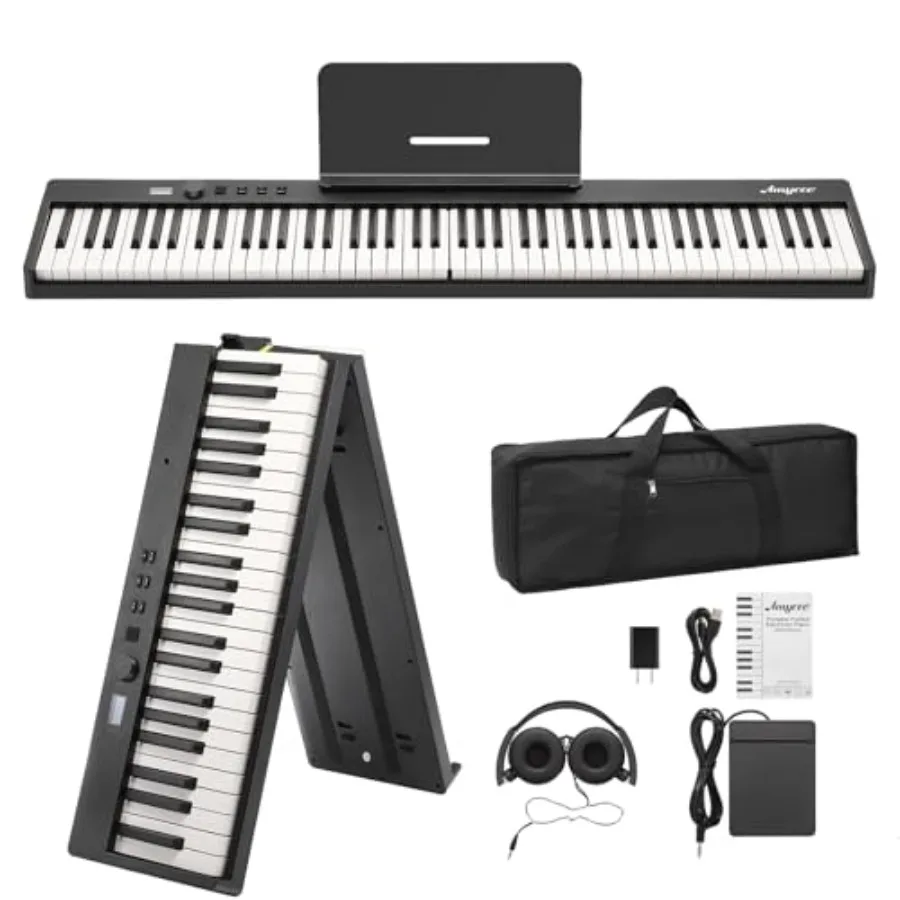 

88 Key Folding Piano Keyboard for home practice: semi-weighted ABS plastic keys, matte black finish, portable with Bluetooth co